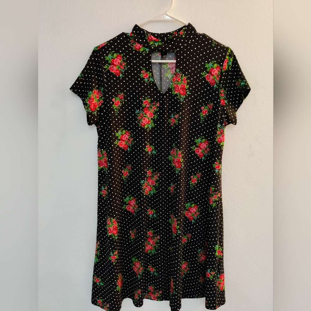 Floral turtle neck tunic black dress